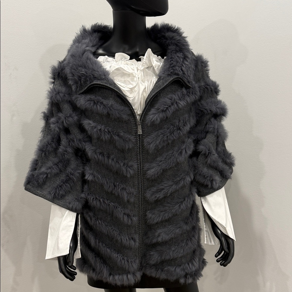 Real Rabbit Pinko Exclusive Fur Trim Wool Knit Cape Jacket Gray Size S NWT